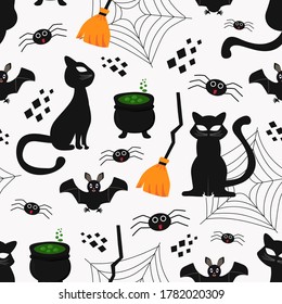 Seamless pattern black cat, cauldron with potion, bat, web and spiders on white background seamless pattern creative design background websites Wallpaper covers wrappers