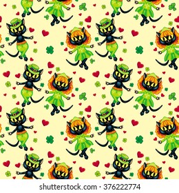 Seamless pattern with black cat is dancing for luck. Irish dancer. Original characters for St. Patrick's Day celebration. Vector clip art.