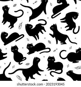 Seamless pattern black cat different poses and decorative boho element, vector repeat mystical illustration