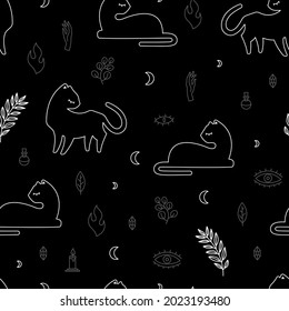 Seamless pattern black cat different poses and decorative boho element, vector repeat mystical illustration on black background