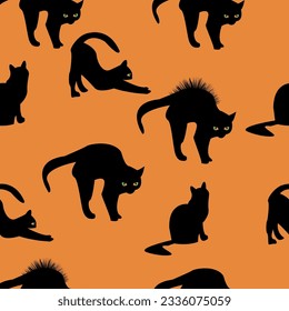 Seamless pattern of black cat in different poses with glowing eyes on an orange background. 