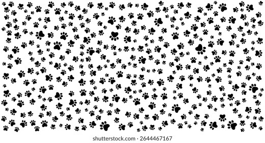 Seamless pattern of black cat or dog paw prints on white background.