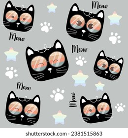 seamless pattern of black cat faces wearing colorful glasses , cat paw , rainbow stars , text meow on gray background, vector, illustration