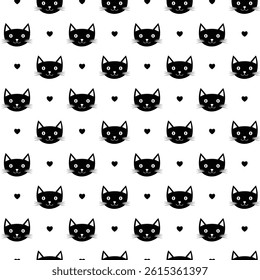 Seamless pattern of black cat faces on a white background	