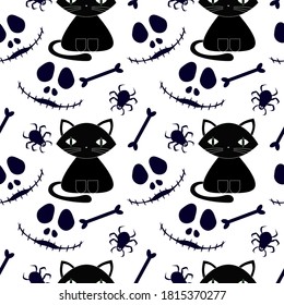 Seamless pattern with black cat, ghost, bone, spider web on white background for fabrics, paper, textile, gift wrap. Vector halloween seamless background. 