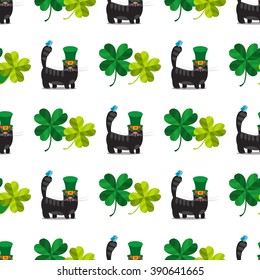 Seamless pattern with black cat with green hat and four leaf clover.