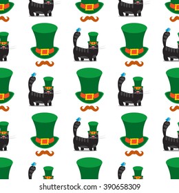 Seamless pattern with black cat with green hat.