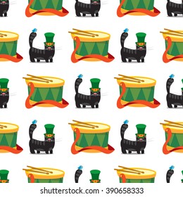 Seamless pattern with black cat with green hat and a drum.