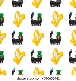 Seamless pattern with black cat with green hat and golden harp.