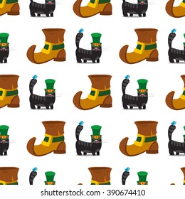 Seamless pattern with black cat with green hat and shoes leprechaun.