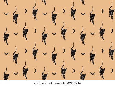 Seamless pattern with black cat and half moon. Contemporary texture for fabric, apparel, textile and print. Repeat elements modern pastel backdrop. Vector fashion illustration