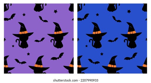 Seamless Pattern With Black Cat, Hat, Bat And Star On Purple And Blue Backgrounds Vector Illustration. Cute Halloween Wallpaper.