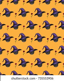 seamless pattern with a black cat in a hat and a red rose