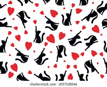 Seamless pattern black cat with a heart. Vector illustration.
