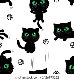 Seamless pattern of Black cat kitten cartoon character with green eyes on white background. Funny animal cartoon vector illustration. 