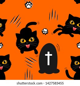 Seamless pattern of Black cat kitten cartoon character with footprints and scratches track on orange background. Funny animal cartoon vector illustration for Halloween celebration.