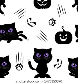 Seamless pattern of Black cat kitten cartoon character with purple eyes, footprint, ghost and pumpkin on white background. Funny animal cartoon vector illustration. Halloween background.