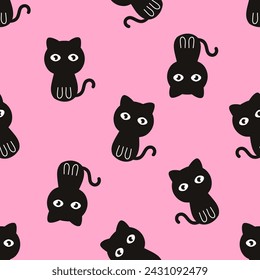 Seamless pattern with black cat kitten cartoons on pink background vector. 