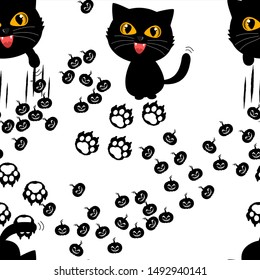 Seamless pattern of  black cat with orange eye, footprint, pumpkin on background, cute cartoon kitten for Halloween.