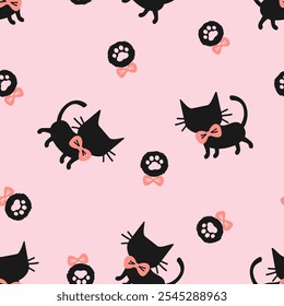 Seamless pattern with black cat, paw print and ribbon bows on pink background vector.