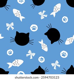 Seamless pattern with black cat, paw print, ribbon bow and fish cartoons on blue background vector.