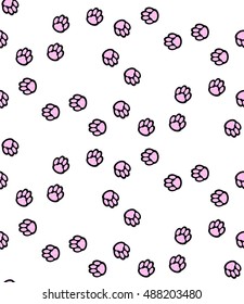 Seamless pattern of black cat paw tracks, cute pink footprints on a white background, print for textiles, wallpaper, background, vector EPS 8