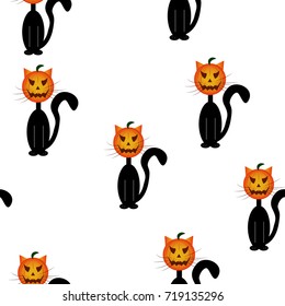 Seamless pattern with a black cat with a pumpkin instead of a head