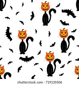 Seamless pattern with a black cat with a pumpkin instead of a head