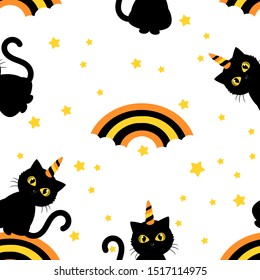 Seamless pattern with black cat, rainbow and star on white background. cute cartoon character for Halloween celebration. vector illustration