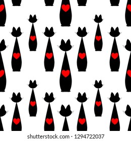 seamless pattern with black Cat and red heart on white background. vector.