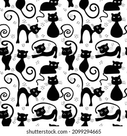 Seamless pattern with black cat silhouettes on white background. Elegant and stylish hand drawn cat poses design. Great for animal lovers and for Halloween