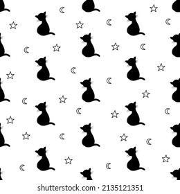 Seamless pattern black cat with stars on white background