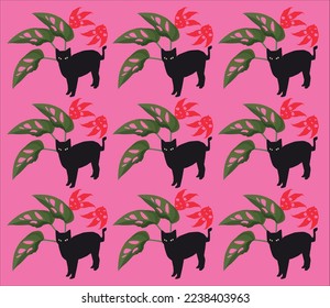 Seamless pattern of a black cat with tropical leaves on a pink background