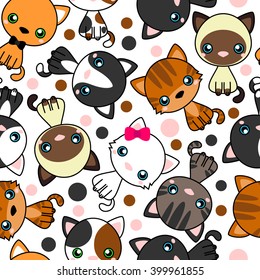 Seamless pattern with  black cat, white cat, grey cat, grey and white cat, brown and black act, brown cat. Vector Illustration Cartoon