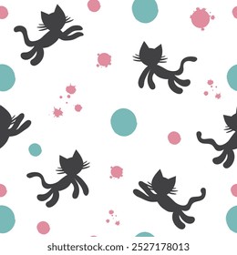Seamless pattern with black cats abstract prints on white background vector illustration.