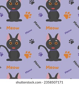 Seamless pattern of black cats, animal paws. Vector illustration on a purple background. template for wrapping, wrapping gifts for Halloween