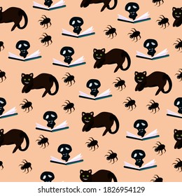 Seamless pattern with black cats and a book and spiders for Halloween