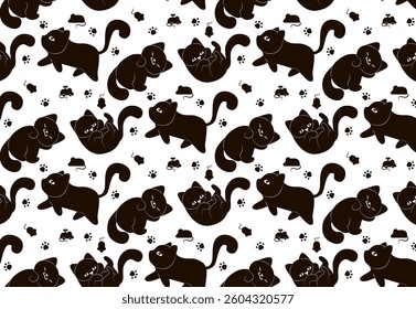 Seamless pattern of black cats. Cartoon cats hand drawn seamless pattern. Animal seamless background, cute vector texture for bedding, fabric, wallpaper, wrapping paper, textile, t-shirt printing