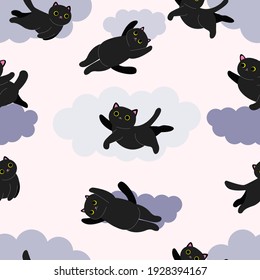 seamless pattern with black cats and clouds. seamless texture with dancing black kittens. stock vector illustration.