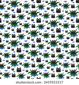 seamless pattern with black cats. Cute black cat sitting in a pot with a houseplant. Simple vector illustration for card design and for children. Pets concept, love and family concept. Isolated vector