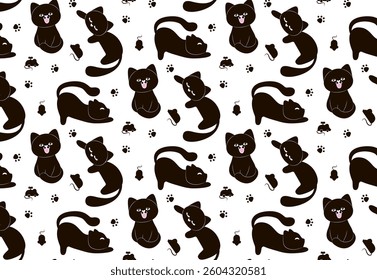 Seamless pattern of black cats in different poses. Cartoon cats hand drawn seamless pattern. Animal seamless background, cute vector texture for bedding, fabric, wallpaper, wrapping paper, textile, t-