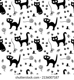 Seamless pattern with black cats, drawn elements in doodle style on a light background. Vector is made in a flat style. Black cats in different poses with traces and a ball of thread. 