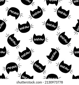 Patrón sin foco con gatos negros.  Impresión de tejido.Papel de pantalla repetido. Diseño textil. Cabeza de maullido y gato. Un fondo lindo con gatos.