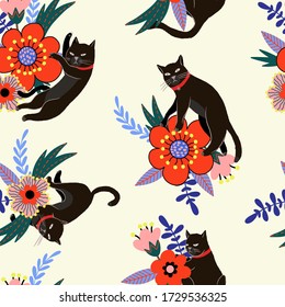 Patrón sin foco con gatos negros y flores. Vector.