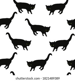 Seamless pattern black cats with green glowing eyes isolated on white background. Dark kitty shadow spooky print, vector design eps 10