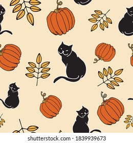 Seamless pattern with black cats and Halloween pumpkins on an orange background. It can be
used for scrapbooking digital paper, textile printing. Vector illustration