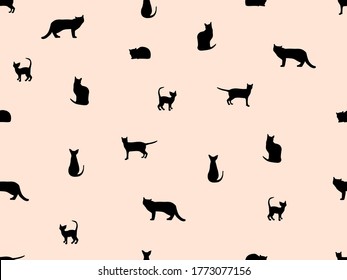 Seamless pattern with black cats. Hand drawn stock vector illustration. Retro style ink sketch.