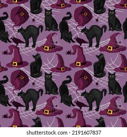 Seamless pattern "Black cats and hats in a web". Purple background for Halloween. Wrapping paper, fashionable fabrics, prints, patterns.