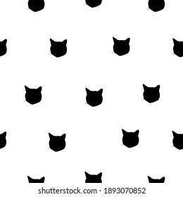 Seamless pattern black cats head isolated on white background. Drawn kitty little portrait print, pretty kids style wall paper. Small funny abstract kitten monochrome motif, vector design eps 10