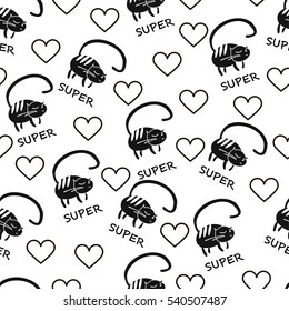 seamless pattern with black cats, heart